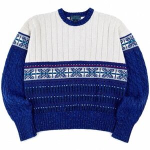 Vtg Agenda Wool Sweater Mens XL Blue White Cable Knit Chunky Abstract 90s Coogi